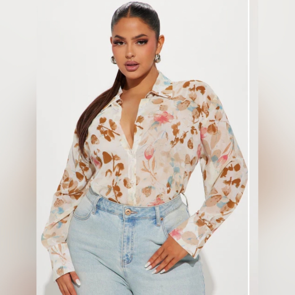 Fashion Nova Floral Button Down Shirt - Cream and Brown Sheer